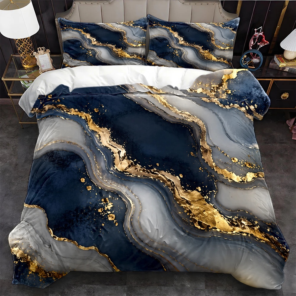 Luxury Skincare Sets - 3-teiliges Bettwäsche-Set im luxuriösen Blau-Gold-Marmor-Muster, dreiteiliges